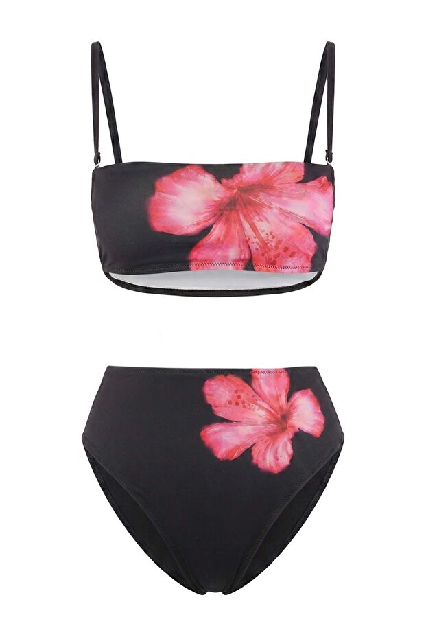 Çiçek Desenli Straplez Kaplı Yüksek Bel High Leg Bikini Takımı TBESS26BT00155 - 1