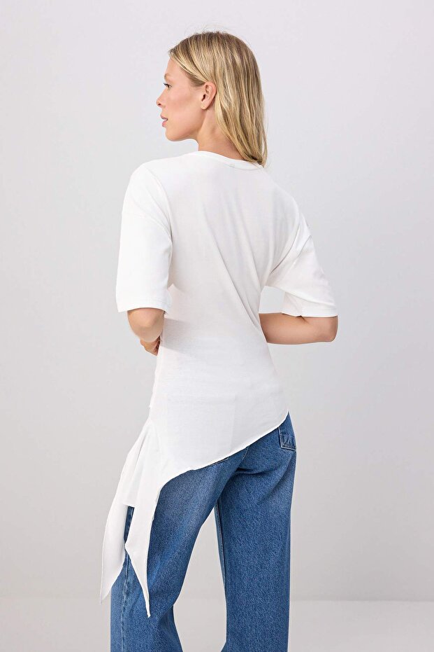 Ekru Fitted/Vücuda Oturan Kısa Kollu Büzgülü Uzun Pamuklu Esnek Örme T-shirt TWOSS26TS00307 - 4