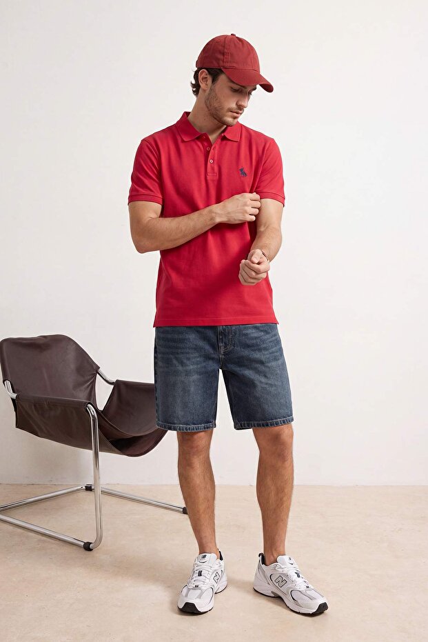 Kırmızı Regular/Normal Kesim At Nakış Polo Yaka T-shirt TMNSS25PO00017 - 1