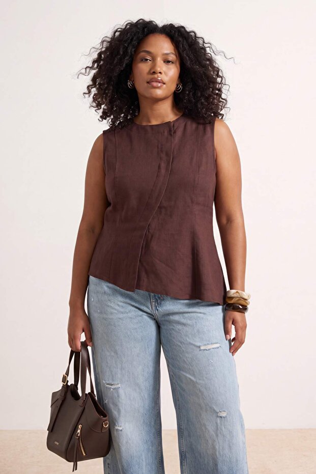 Brown Linen Look Oversized Woven Vest Tbbss26Bh00017 - 2