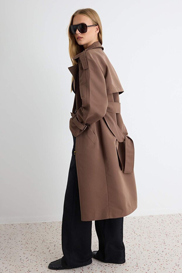 Kahverengi Oversize Kuşaklı Trençkot TWOSS21TR0005 - 5