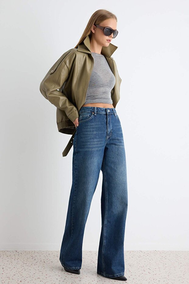 Lacivert Yüksek Bel Wide Leg Geniş Paça %100 Pamuk Non-Stretch Jeans TWOSS22JE0242 - 2