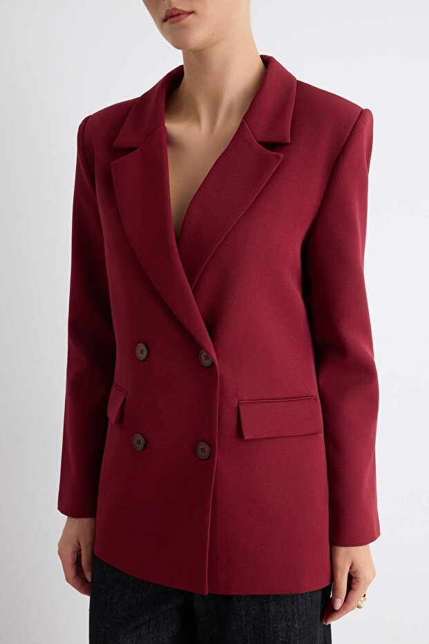 Bordo Regular Astarlı Kruvaze Kapama Dokuma Blazer Ceket TWOAW21CE0264 - 3