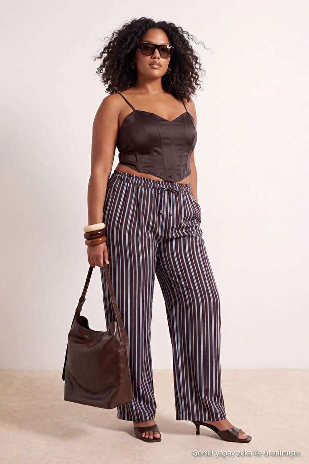 Multi-Colored Striped Wide Leg High Waist Plus Size Pants Tbbss26Ar00068