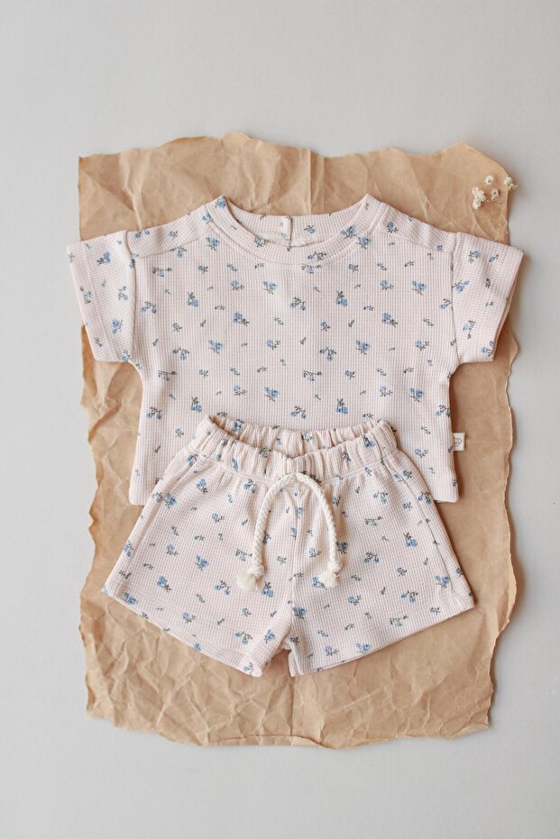 Blue Floral Printed Waffle Shorts Set