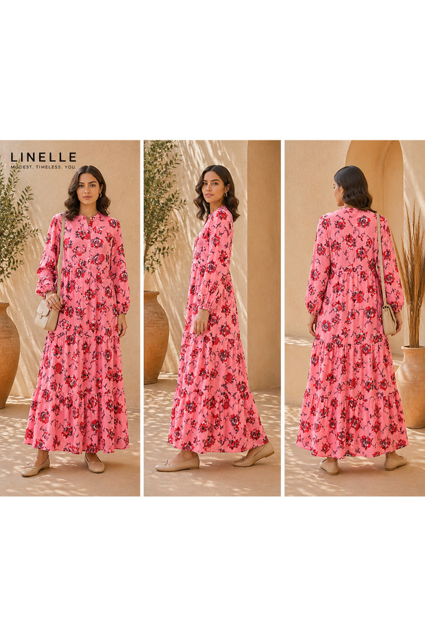 Pink Floral Print Tiered Casual Dress