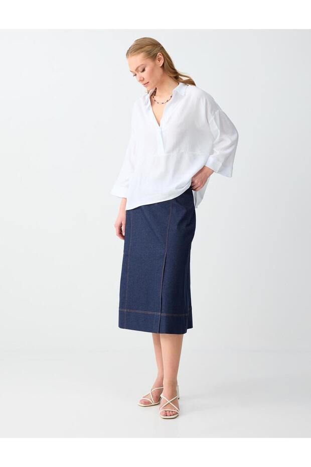 Dark Indigo Blue High Waist Relaxed Fit Midi D Woven Skirt