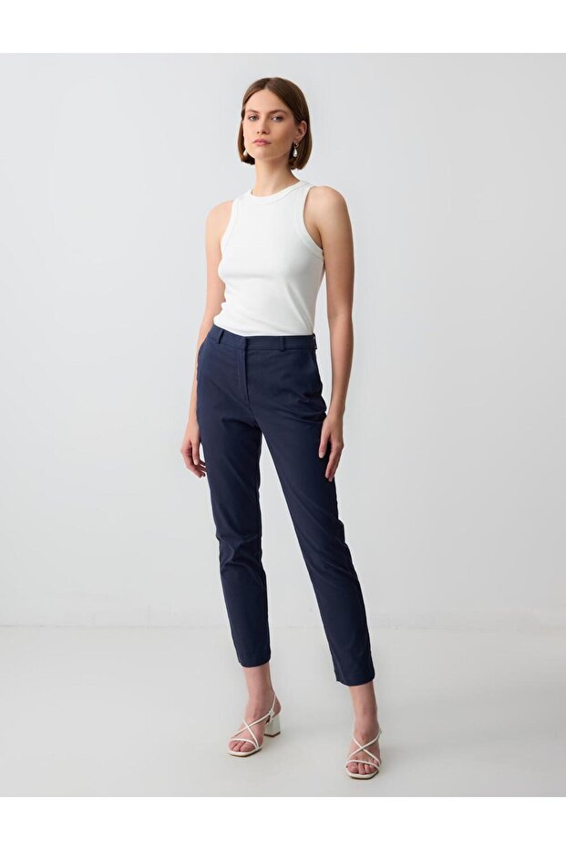 Navy Blue Normal Waist Normal Leg Woven Gabardine Trousers