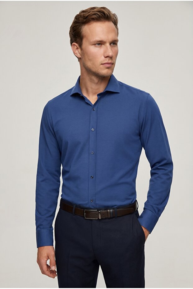 Ds Groom Slim Fit Navy Blue Classic Tie Collar Long Sleeve Easy-Iron Shirt