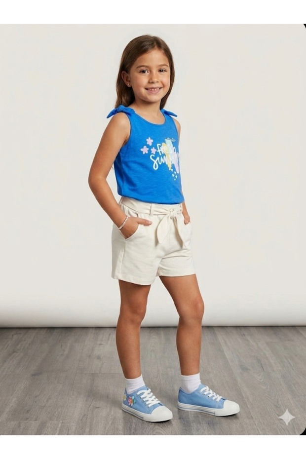 Girl's Strap Printed Woven T-Shirt Elastic Waist Belt Woven Shorts Set