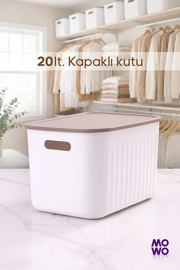 Bigbox 20 Lt 1-Piece White Cabinet Organizer Storage Box with Lid Basket Organizer Toy Box