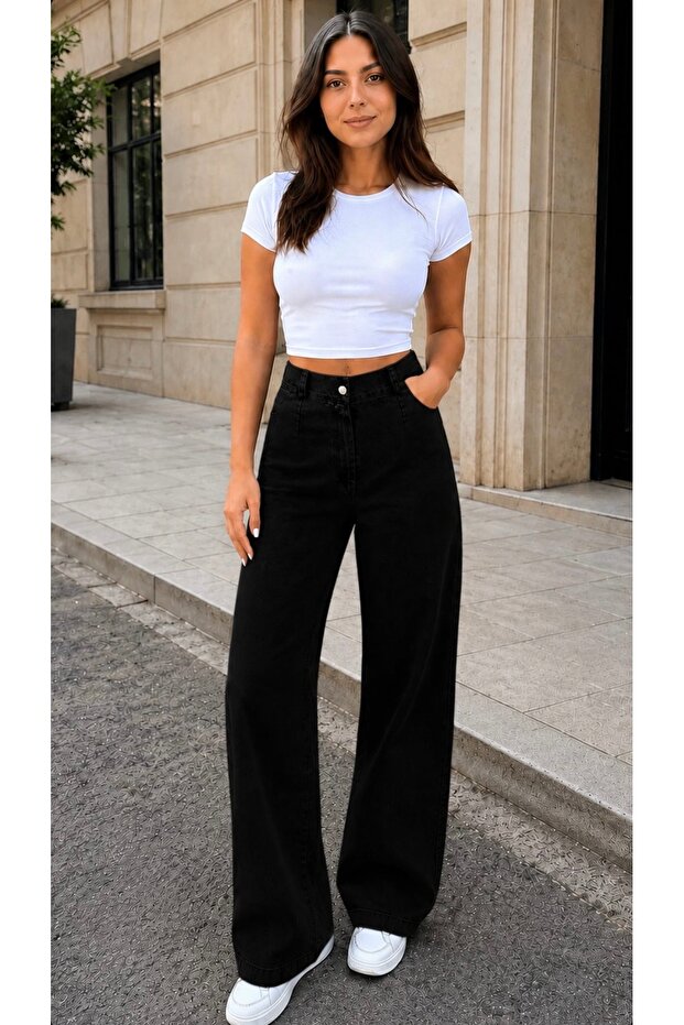 Women's Denim Palazzo with Pleated Front and Elastic Back