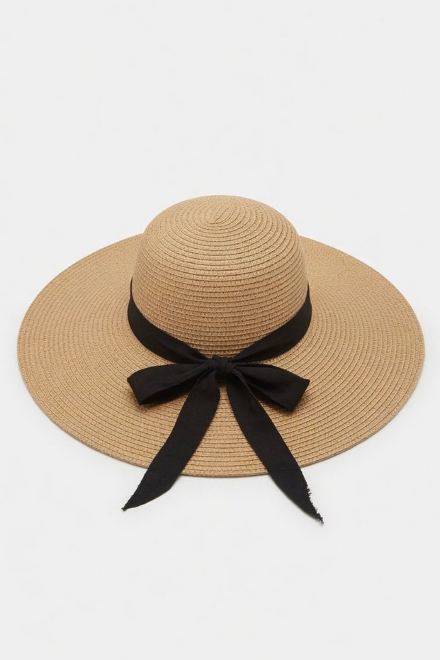 Women's Camel Straw Black Bow Detailed Beach Hat | Wide Brim Sun Protection Summer Fedora