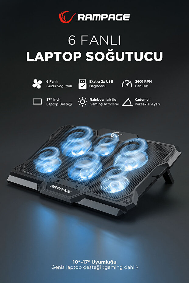 Ad-rc10 X-gust 6 Fanlı Rainbow Notebook Soğutucu Stand-siyah - 1