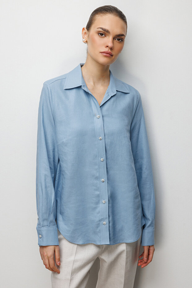Women's Relaxed Fit Classic Collar Linen Woven Long Sleeve Shirt Blouse 26Yekl02026