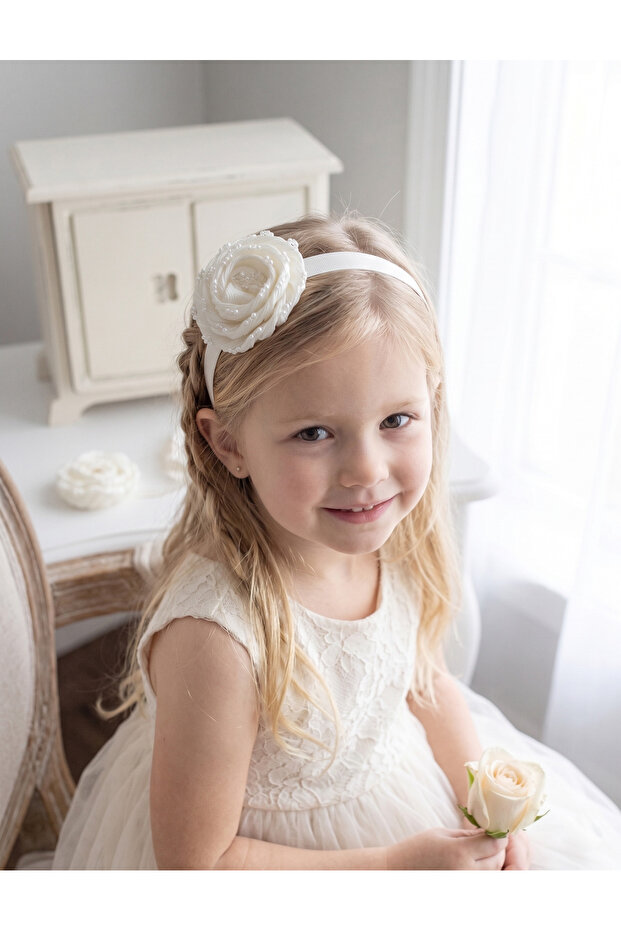 Cream Pearl Embroidered Satin Rose Figured Flower Children's Crown