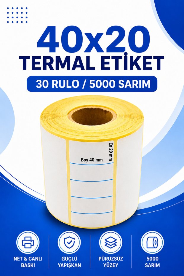 40X20Mm Thermal Label | 30 Rolls | 5000 Winding | Without Ribbons | Freight, Logistics, Warehouse | Adhesive