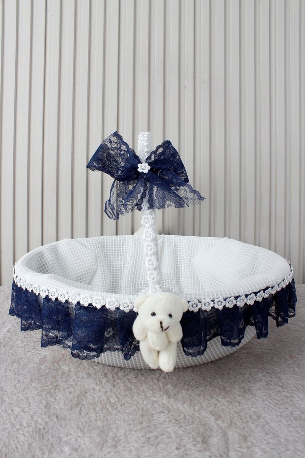 Navy Blue Lace Baby Basket with Teddy Bear - Baby Shower, Newborn, Mevlüt, Forty Kite Flying, Gift