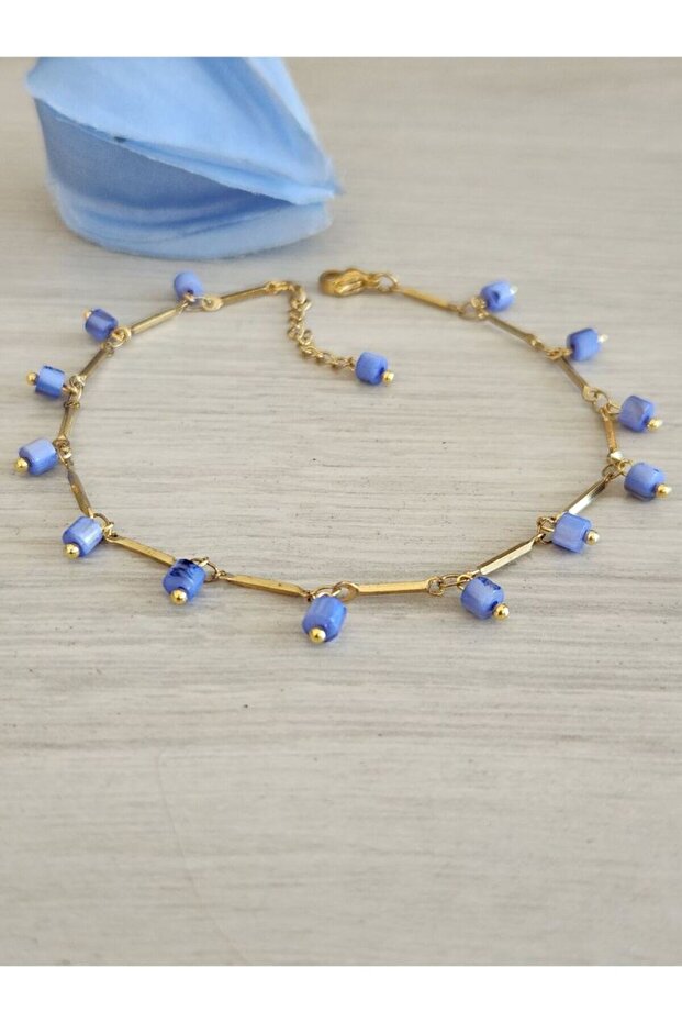 Blue Mother of Pearl Beaded Steel Anklet
