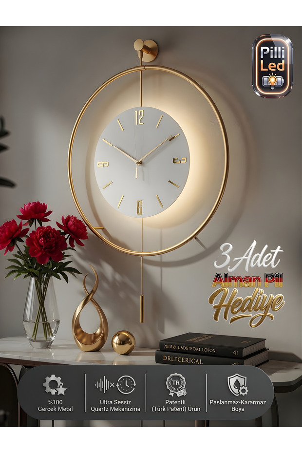 MetaQuartz Aksesuar Metal - Timelles Kristal - Büyük Boy(50X75CM) - (3 adet pil gelmektedir)- Metal Ledli Duvar Saati
