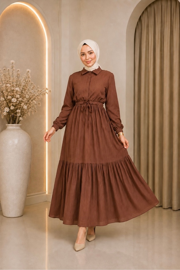 Modern Cut Lara Half Buttoned Shirt Collar Hijab Dress