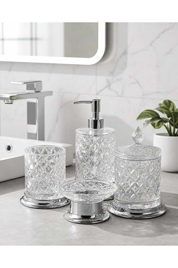 Crystal Series Glass Chrome Bathroom Set, 4 Pieces: Liquid Soap Dispenser, Brush Holder, Soap Dish, Cotton Holder