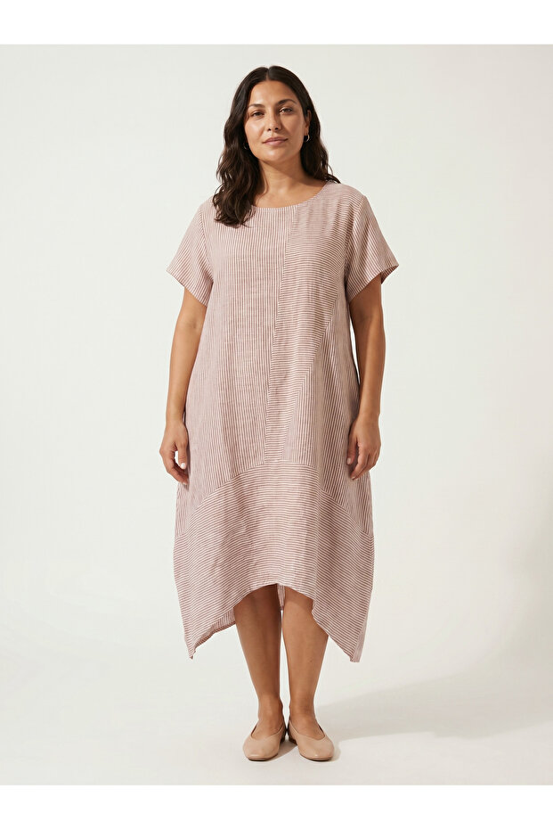 Plus Size Linen Dress Asymmetrical Striped Patchwork Tile
