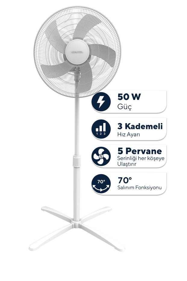 KTF-355 Beyaz 16 inç Ayaklı Vantilatör 50 W, 5 Pervaneli, 3 Kademeli, 121 cm Yükseklik
