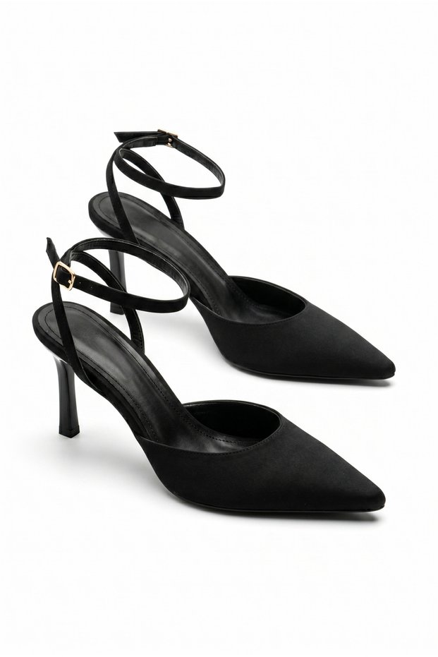 Women's Black Satin Ankle Strap Pointed Toe Stiletto Heeled Shoes Ankle Strap Stiletto Classic Heeled Style