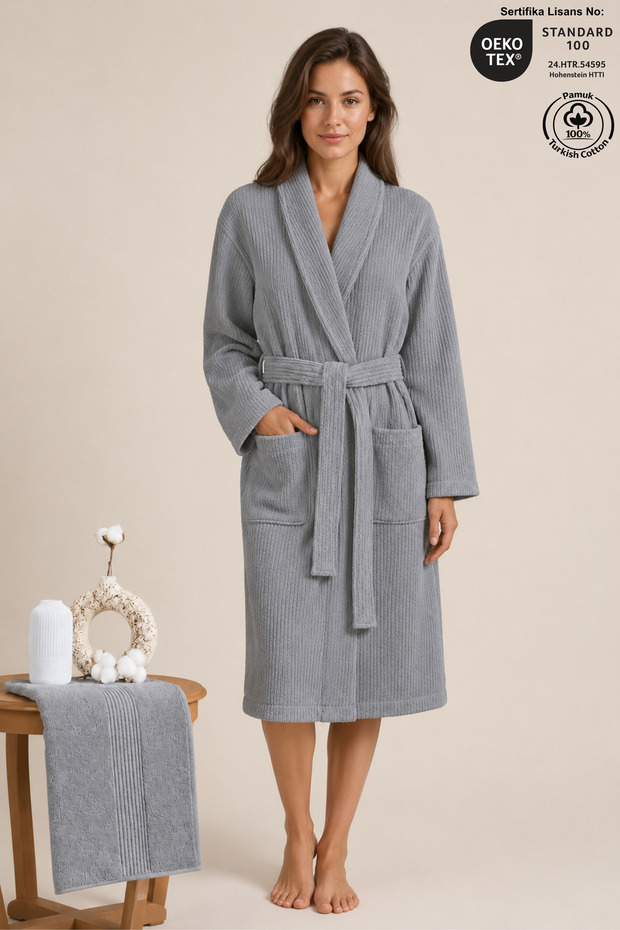 Striped Women's Bathrobe Set 100% Cotton Certified 2-Piece, Shawl Collar Bathrobe + Head Towel - Gray