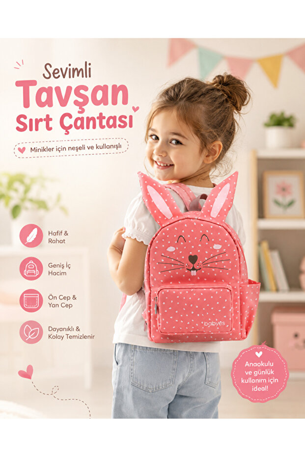 Babyes Sevimli Tavşan Figürlü Çocuk Sırt Çantası (0-7 YAŞ) - Kreş,Anaokulu Çantası
