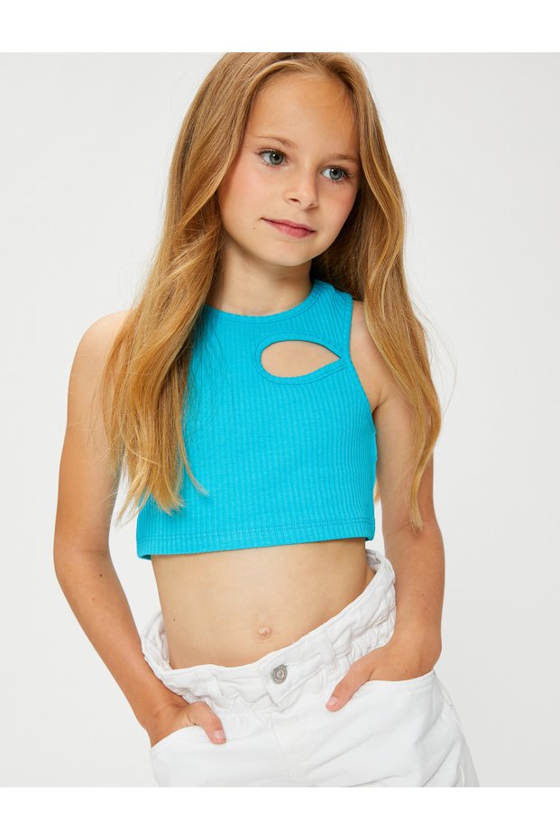 Crop Top Window Detailed Sleeveless Round Neck Ribbed Cotton