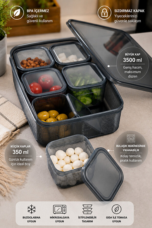 6-Piece Striped Vacuum Breakfast Set with Square Trays and Divided Lid (1*3.5 Lt)+(6*350 ml) Anthracite