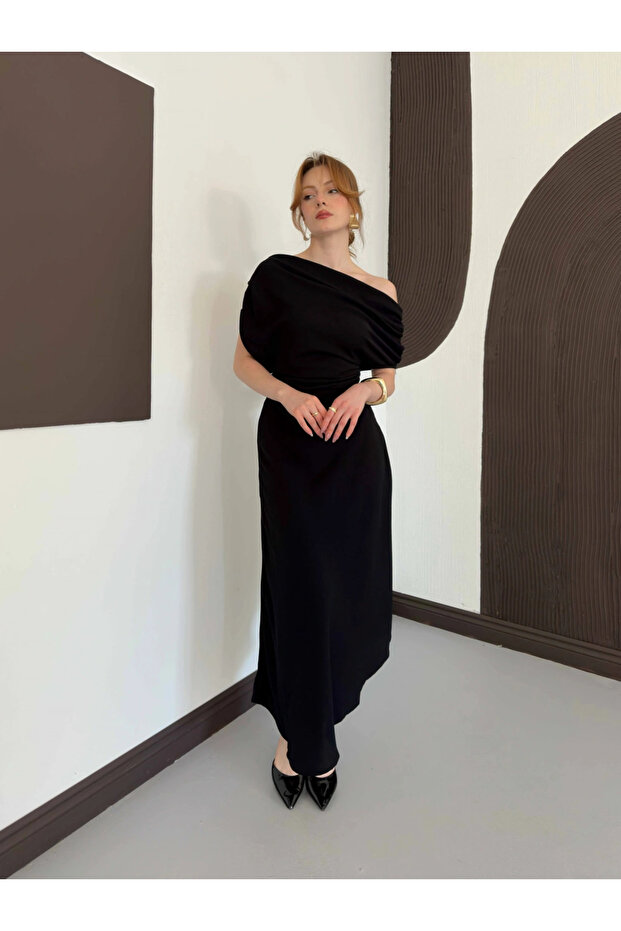 Women's Black Dress Asymmetrical Cut One Shoulder Draped Midi Length Dress