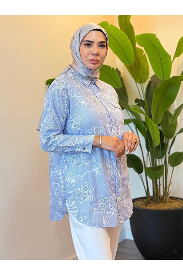 Embroidered Beaded Striped Shirt - Blue