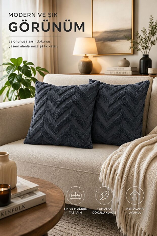 Spike Pattern Anthracite 2-Piece Cushion Cover Soft Textured Decorative Sofa Pillow Cover