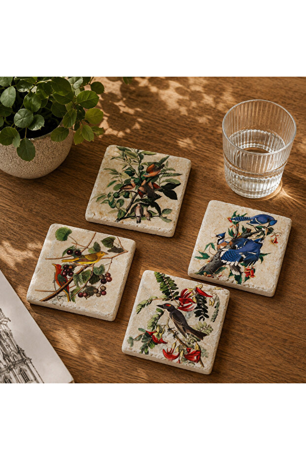 Birds of the Wilderness Natural Stone Travertine 4-Piece Coasters