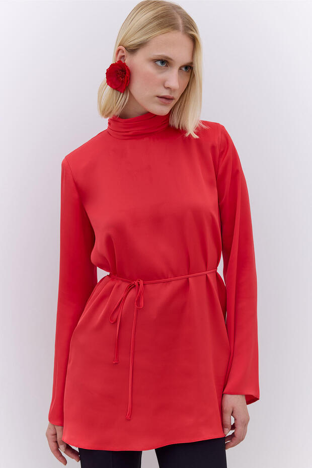Saten Wide Sleeve Tunic Red