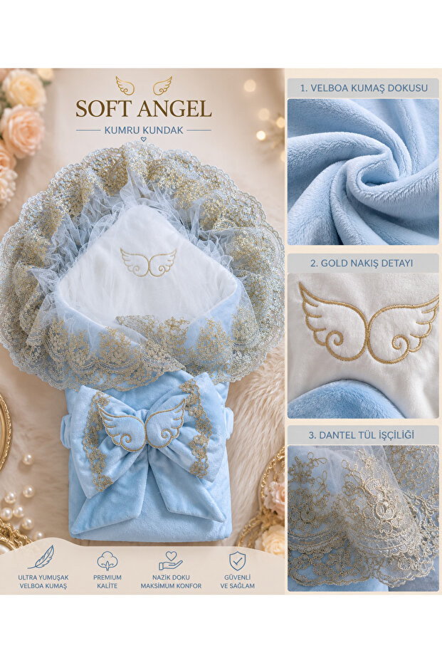 Blue Baby Boy Blanket with Lace Swaddle, Hospital Release Newborn Blanket, 100% Natural Cotton