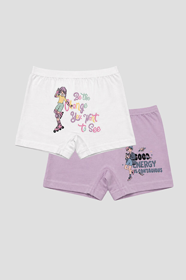 Girl's Patterned Premium Cotton Combed Cotton 2-Piece Boxer Shorts Set