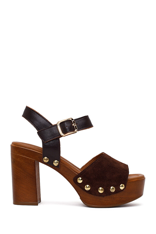 Women's Brown Ankle Buckle Platform High Thick Heeled Suede Leather Sandals 26Sfd152810