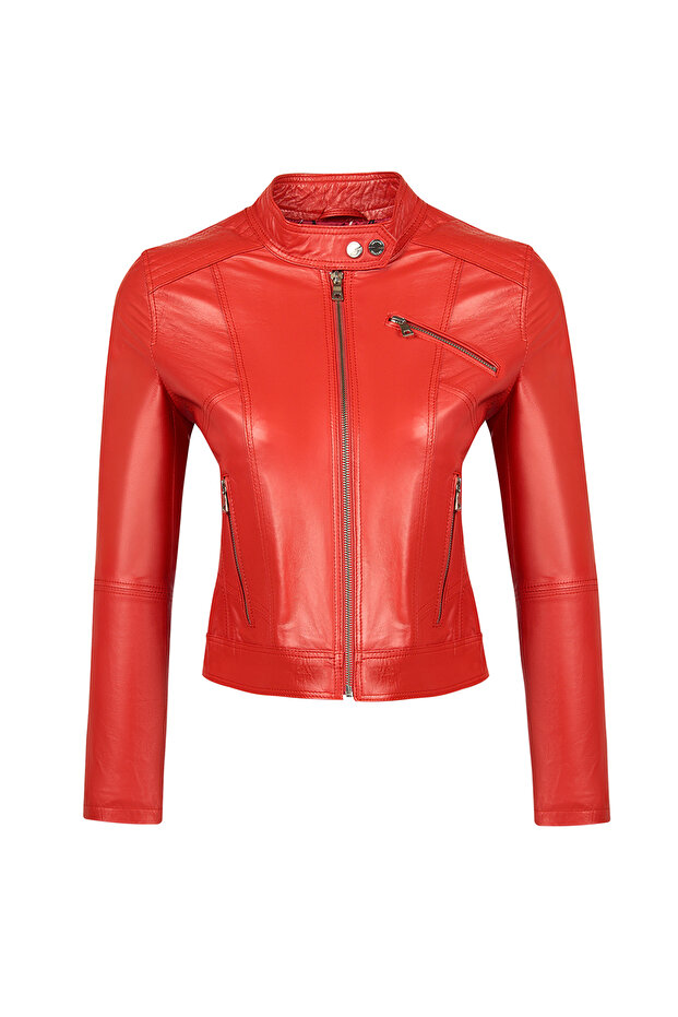 Kylie Women's Red Judge Collar Short Leather Jacket 25Sge5352U4