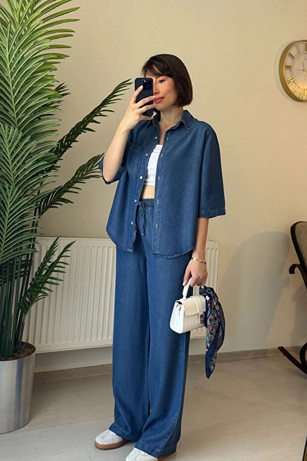 Tensel Denim Navy Blue Women's Shirt and Pants Set