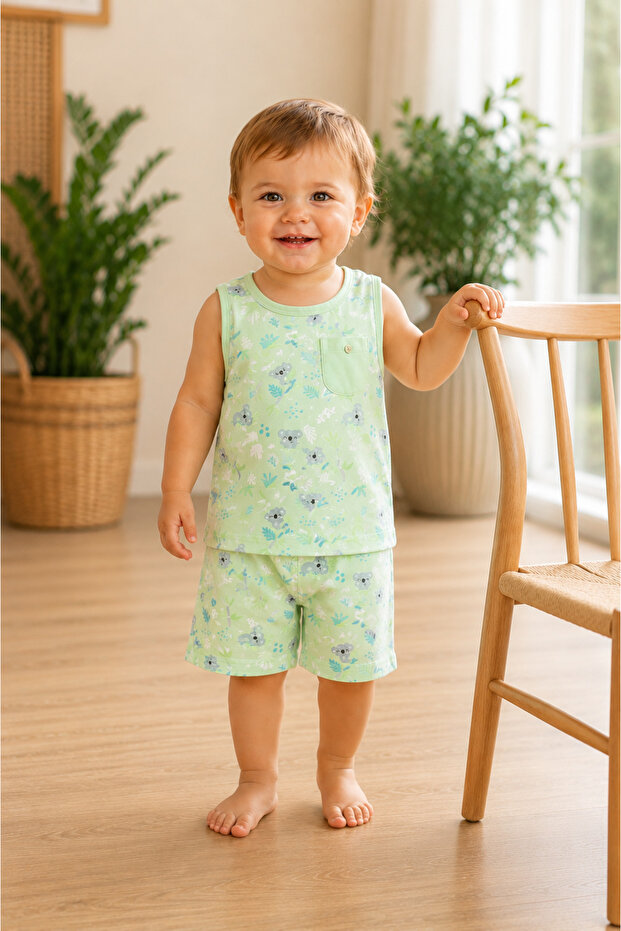 Boy's Cute Pattern Sleeveless Undershirt Basic Top and Bottom Set with Shorts