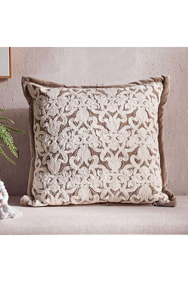 Magnolia Hand Embroidered Down Alternative Filled Cushion 50x50cm - Brown
