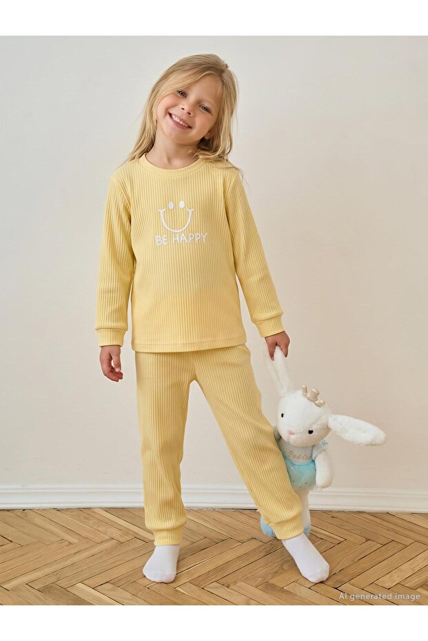 Smiling Face Printed Pajama Set for 1-7 Years Old - Yellow