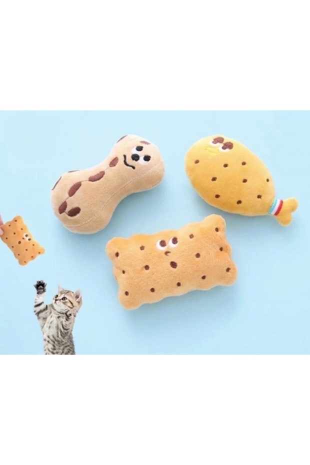 Pet Plush Cat Toy 3-Piece Set with Rustle and Rattle Sounds Cute Fish-Biscuit-Peanut