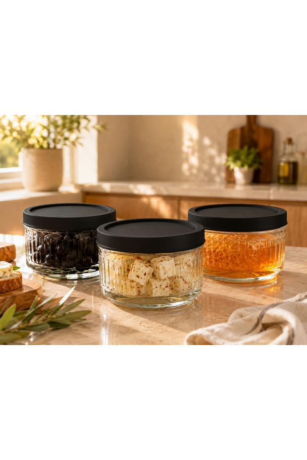 3-Piece Glass Storage Container with Lid 425 Cc | Breakfast Set: Jam Bowl, Olive Bowl, Cheese Bowl | Black Cover
