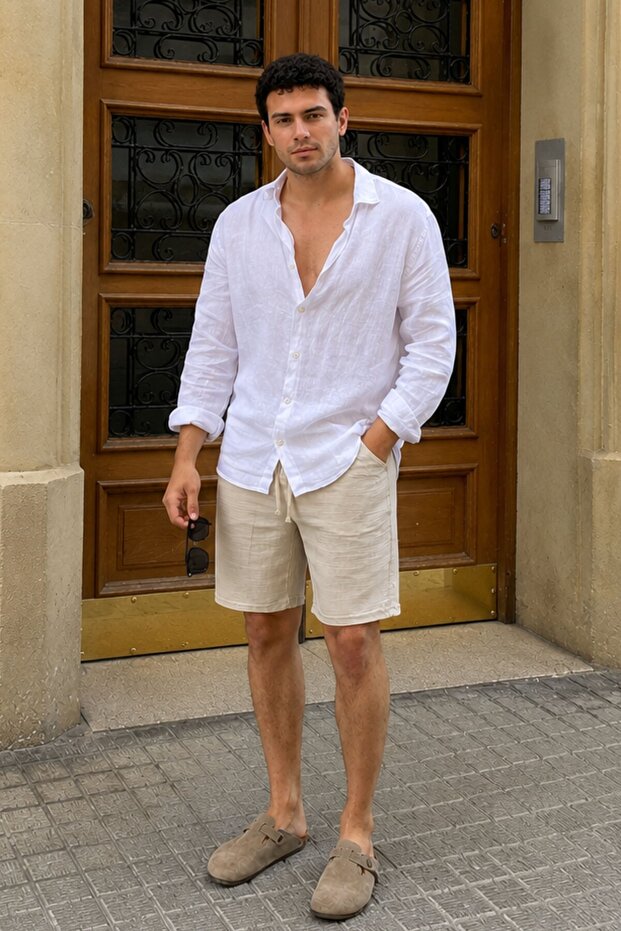 Beige Basic Linen Men's Shorts 6506