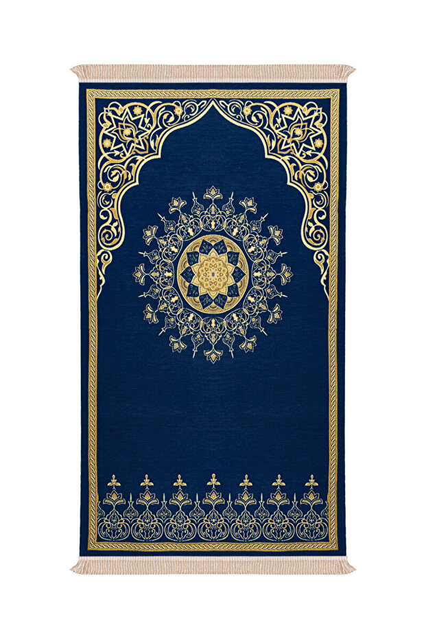 Navy Blue Mandala Pattern Embossed Special Woven Prayer Rug